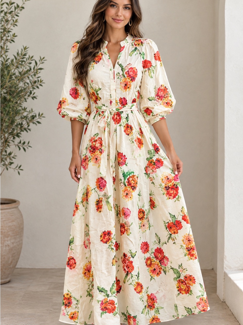 Cream Floral Maxi Dress with Puff Sleeves and Belt